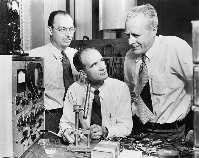 John Bardeen, William Shockley, and Walter Brattain at Bell Labs in 1948.