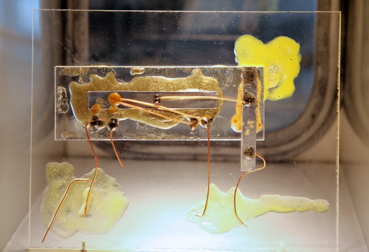 Museum replica of Kilby’s circuit, with thin wires extending from the mounted semiconductor.